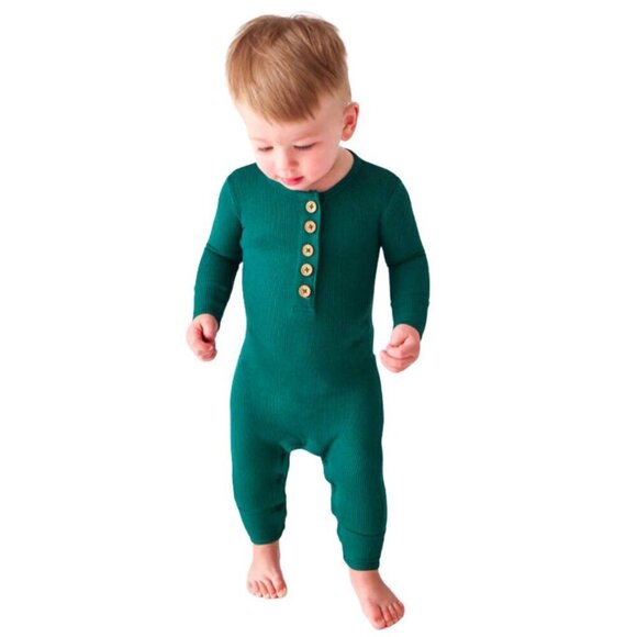 Posh Peanut Bamboo Long Sleeve Henley Romper, Hunter Green - Size 12-18 Months - Picture 1 of 8